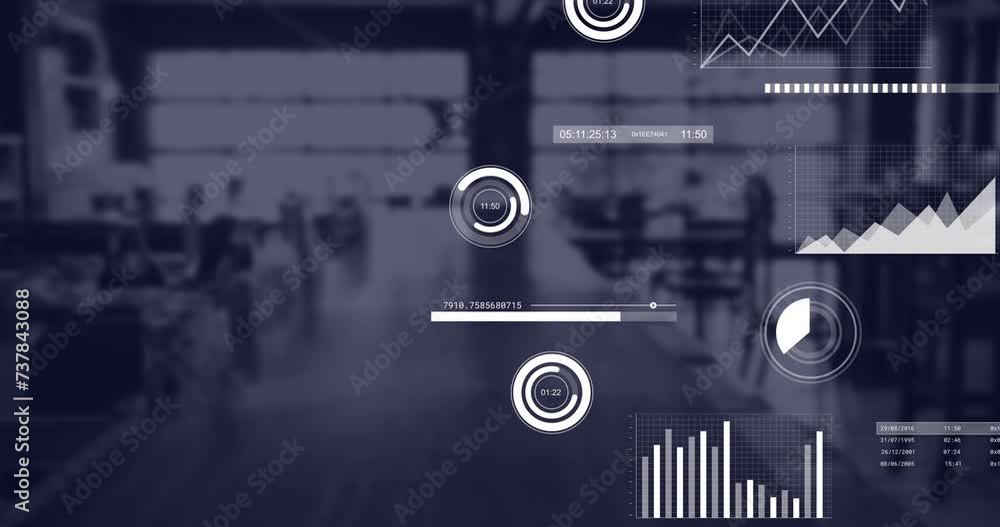 Poster animation of statistics and financial data processing over office