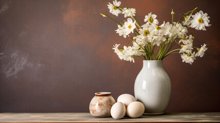 A vase filled with white flowers next to two eggs.