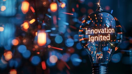 Innovation Ignited: Silhouette of a lightbulb with the phrase "Innovation Ignited" glowing within, representing the spark of creativity and forward thinking.


