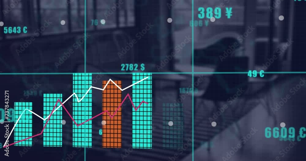 Poster animation of statistics and financial data processing over office