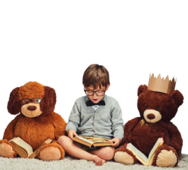 Little boy, glasses and reading book by teddy bear for story, fairy tale or kindergarten on a transparent PNG background. Young child, youth or excited kid with toys for knowledge or literature novel