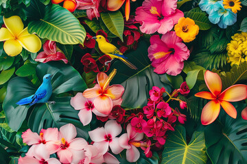 Tropical flowers and birds on the background of palm leaves.
