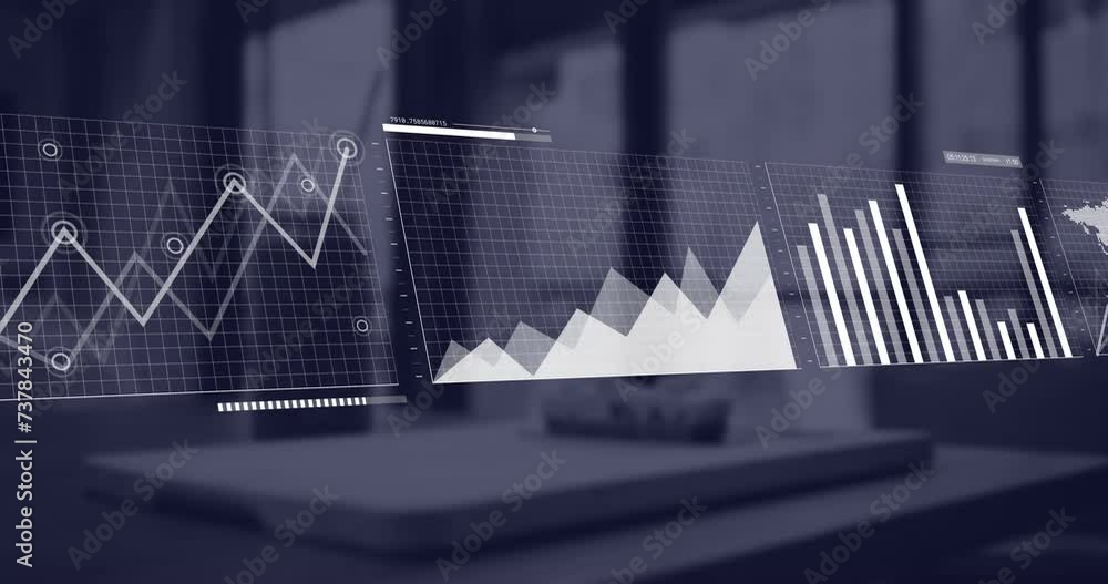 Poster animation of statistics and financial data processing over office