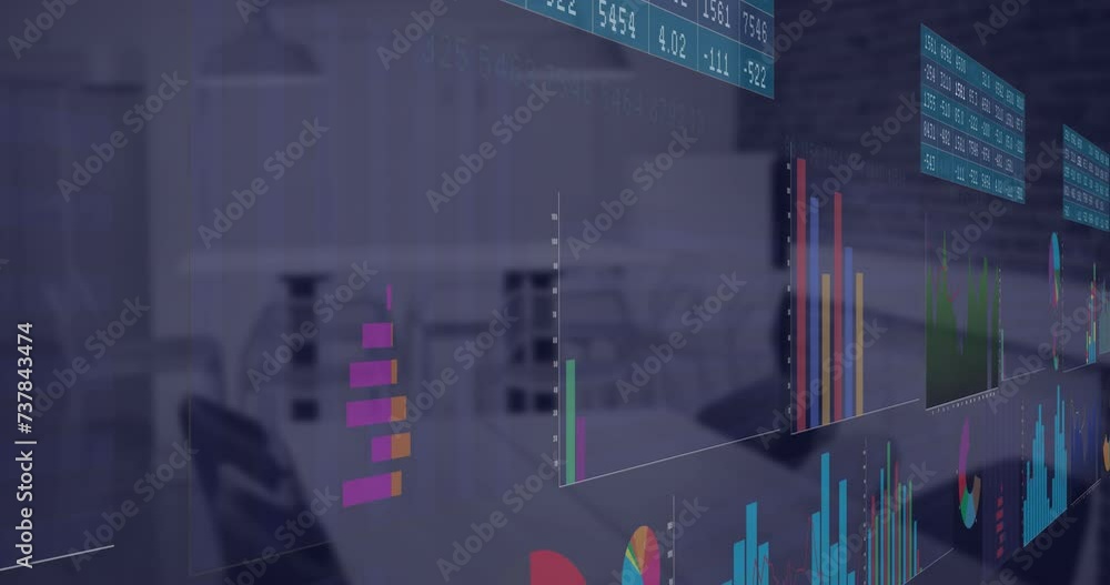 Poster animation of statistics and financial data processing over office