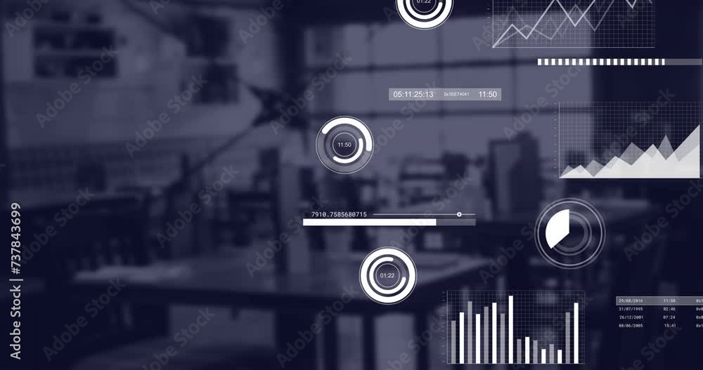Poster animation of statistics and financial data processing over office