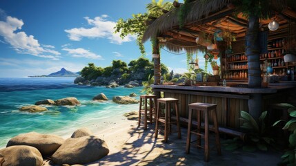 A beachside bar serving tropical cocktails with umbrellas - obrazy, fototapety, plakaty