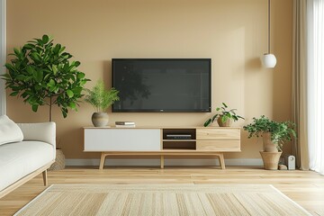 modern living room with TV, living room with tv, Cabinet for TV on the cream color wall in living room,minimal design.