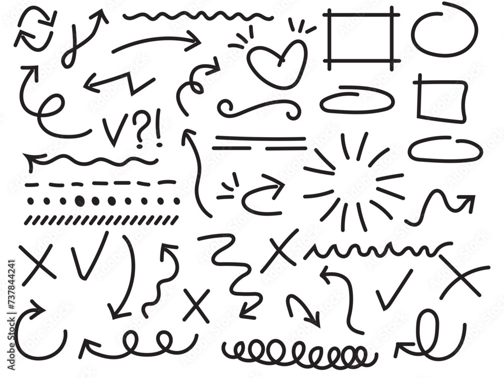 Aufkleber hand drawn arrows set. sketch arrow, curved scribble way pointed line and doodle round pointer vecto