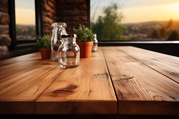 Wooden table top with natural green blurred bokeh background - obrazy, fototapety, plakaty