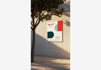 Outside Street Poster Mockup: Tree and Square Poster on White Wall with Shadows - obrazy, fototapety, plakaty