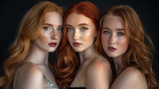 Triple portrait of women with red hair, artistic studio photography with dark background. AI