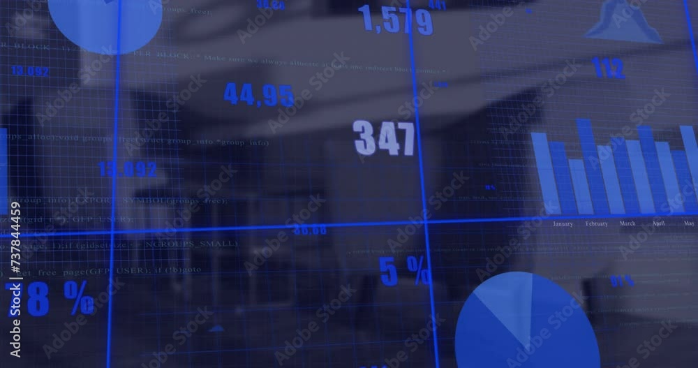 Poster animation of statistics and financial data processing over office