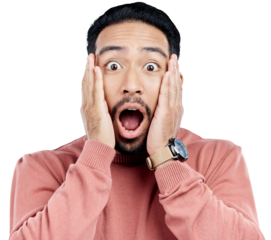 Portrait, man or open mouth in shock and touching face with wow or omg for surprise announcement. Indian male person with hands to head for exciting wtf news or isolated on transparent png background