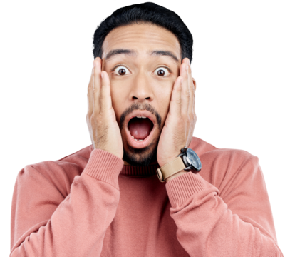 Portrait, man or open mouth in shock and touching face with wow or omg for surprise announcement. Indian male person with hands to head for exciting wtf news or isolated on transparent png background