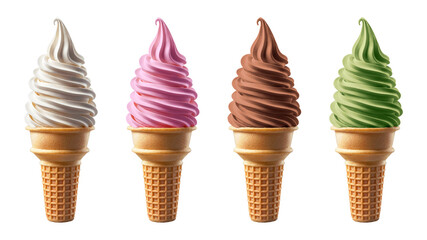 Soft serve ice cream of vanilla, strawberry, chocolate, and matcha green tea flavors on a crispy cone. PNG file.