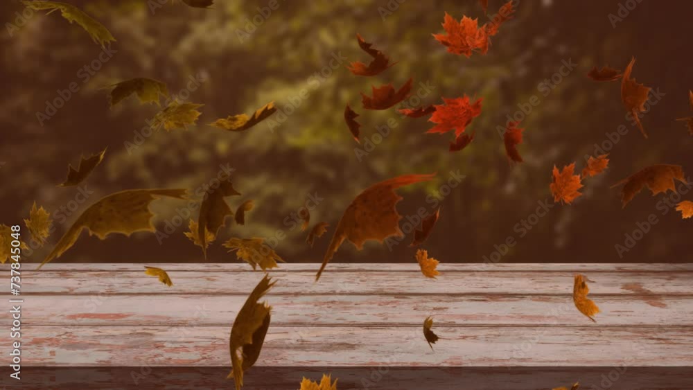 Canvas Prints Animation of leaves blowing over wooden table top and tree tops