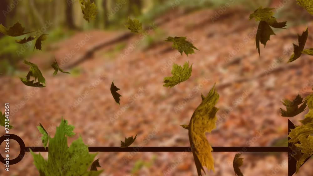 Poster animation of leaves blowing over arrow and trees in autumn forest