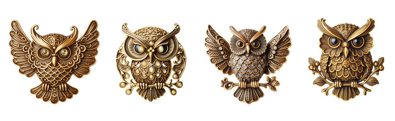 4 Old fashioned owl brooch made of gold with intricate design set against a transparent background