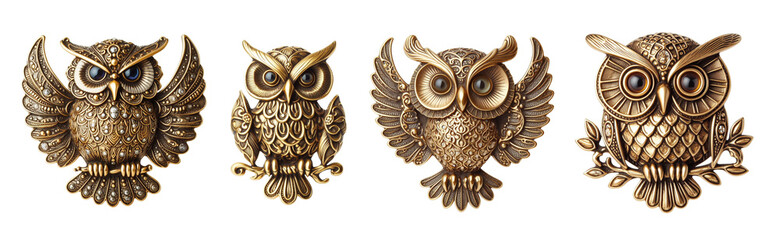 Fototapeta premium 4 Old fashioned owl brooch made of gold with intricate design set against a transparent background