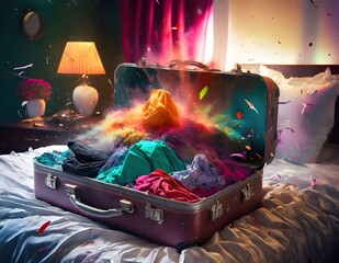 suitcase on the bed in a hotel room, travel concept, Generative Ai - obrazy, fototapety, plakaty