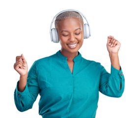 Black woman, dancing and headphones in isolated, transparent background and smile with technology for music in radio. Girl, happy and streaming online on app with internet, png and listening to audio