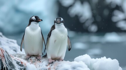Naklejka premium Penguins in Antarctica: Adorable penguins in their natural habitat, conveying the charm of these resilient birds.