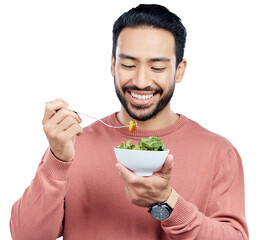 Healthy, man and eating salad for wellness with happiness, vegetables and nutrition for weightloss. Asian person, smile with meal or diet for health benefits isolated on a png transparent background