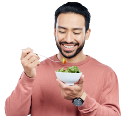 Healthy, man and eating salad for wellness with happiness, vegetables and nutrition for weightloss. Asian person, smile with meal or diet for health benefits isolated on a png transparent background