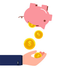 Business man Hands shaking piggy bank with Money Falling Down. Savings, Wealth vector illustration.