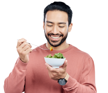 Healthy, man and eating salad for wellness with happiness, vegetables and nutrition for weightloss. Asian person, smile with meal or diet for health benefits isolated on a png transparent background