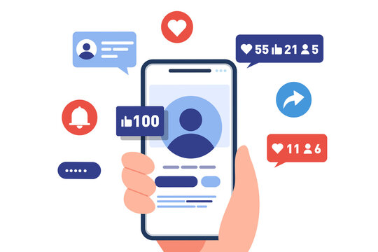 Hand holding mobile phone with Social media app. like, follower, comment. Vector illustration