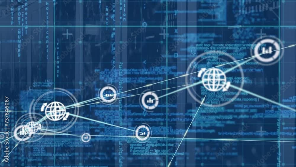 Poster animation of network of connections with icons and data processing over computer servers