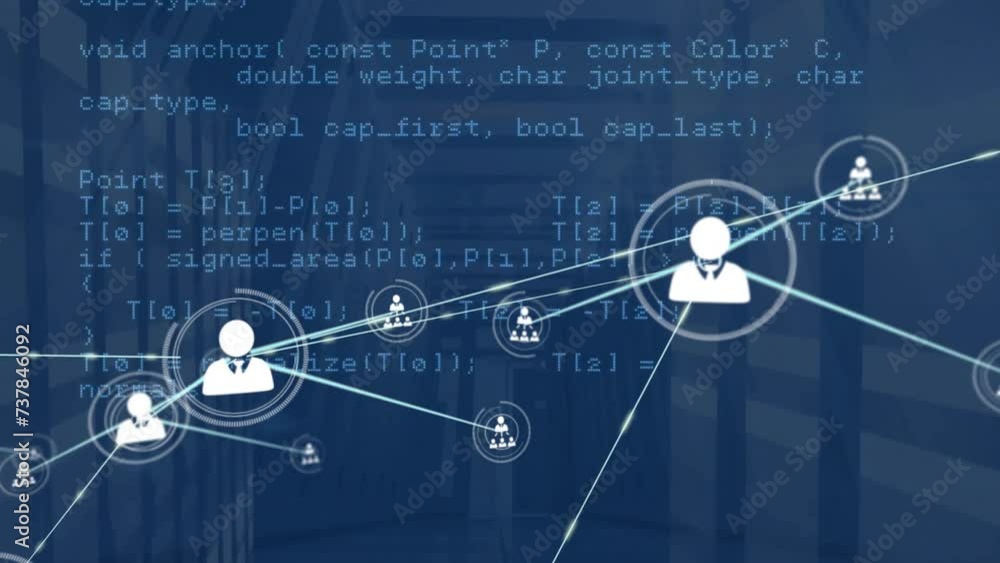 Poster animation of network of connections with icons and data processing over blue background