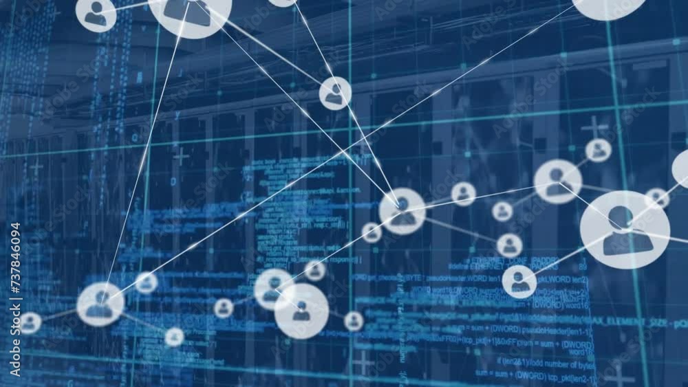 Poster animation of network of connections with icons and data processing over computer servers