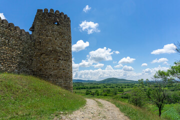 Fototapeta na wymiar Medieval fortress wall and tower. Day light, blue sky and clouds. Georgia.