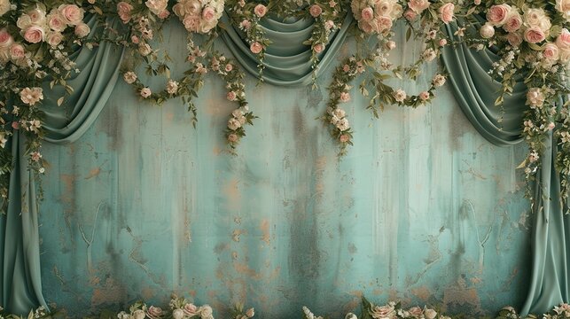 green curtain for wedding stage backdrop with flowers