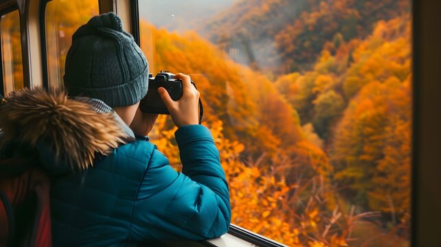Young Photographer Capturing Autumn Scenery. A young photographer focuses his camera on the vibrant autumn colors seen through a train window.