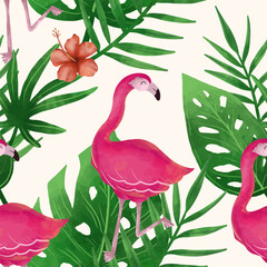 Flamingo and tropical leaves seamless pattern