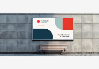 Outside Street Poster Mockup: Large White Billboard with A Bench, Building Window and Light Fixture - obrazy, fototapety, plakaty