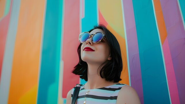 Woman Wearing Sunglasses Standing in Front of Colorful Wall
