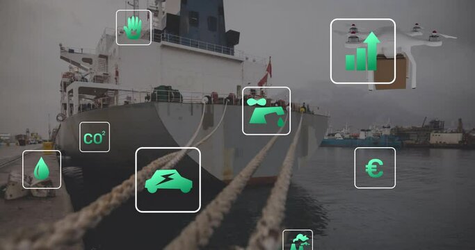 Animation of eco icons and data processing over sea port