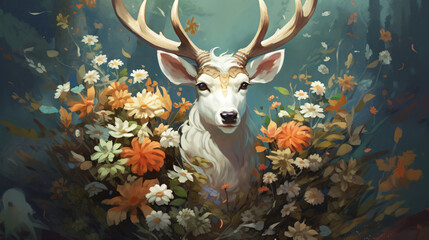 A white deer with flowers and leaves around.