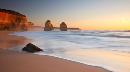 Two of the twelve apostles at sunrise from Gibsons beach, Great Ocean Road, Victoria, Australia - obrazy, fototapety, plakaty
