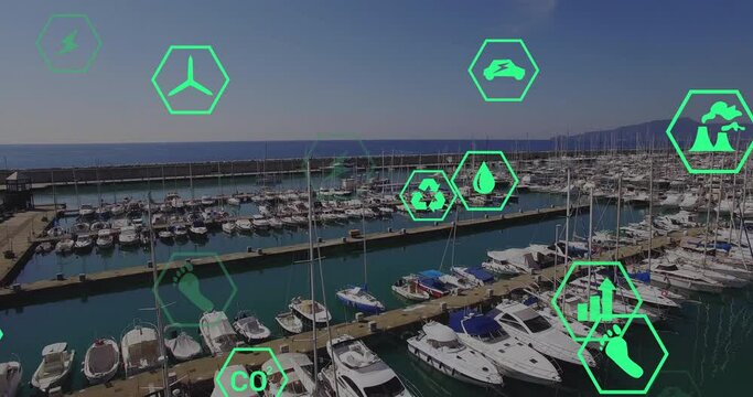 Animation of eco icons and data processing over sea port