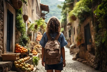 Fotobehang a woman walking down a narrow street with a backpack © John