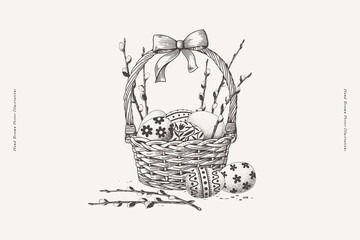 Wicker basket with painted eggs, willow branches and a bow on a light background. Cute Easter picture in engraving style. Festive illustration for Happy Easter. Design element for spring holiday.