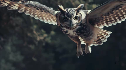 Rugzak owl gliding directly towards camera, talons poised for landing © PSCL RDL