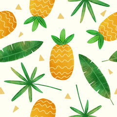 watercolor pineapple and tropical leaves seamless pattern