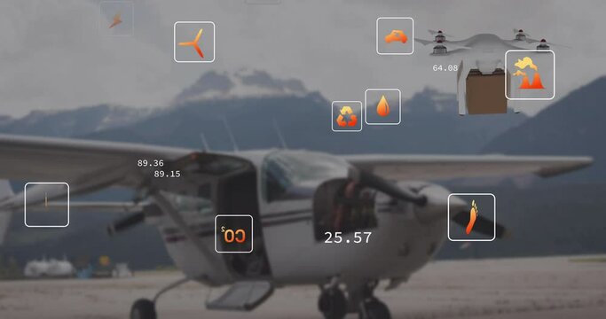 Animation of eco icons and data processing over drone with box and plane