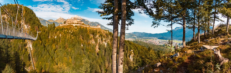 High resolution stitched alpine summer panorama at the famous Highline 179 suspension bridge and...
